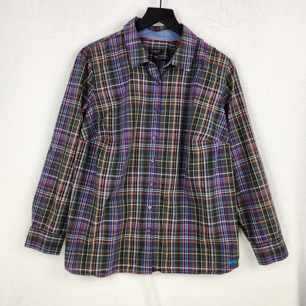 Talbots 100% Cotton Button Shirt Women 16WP Multi Plaid Roll Tab Preppy Classic
